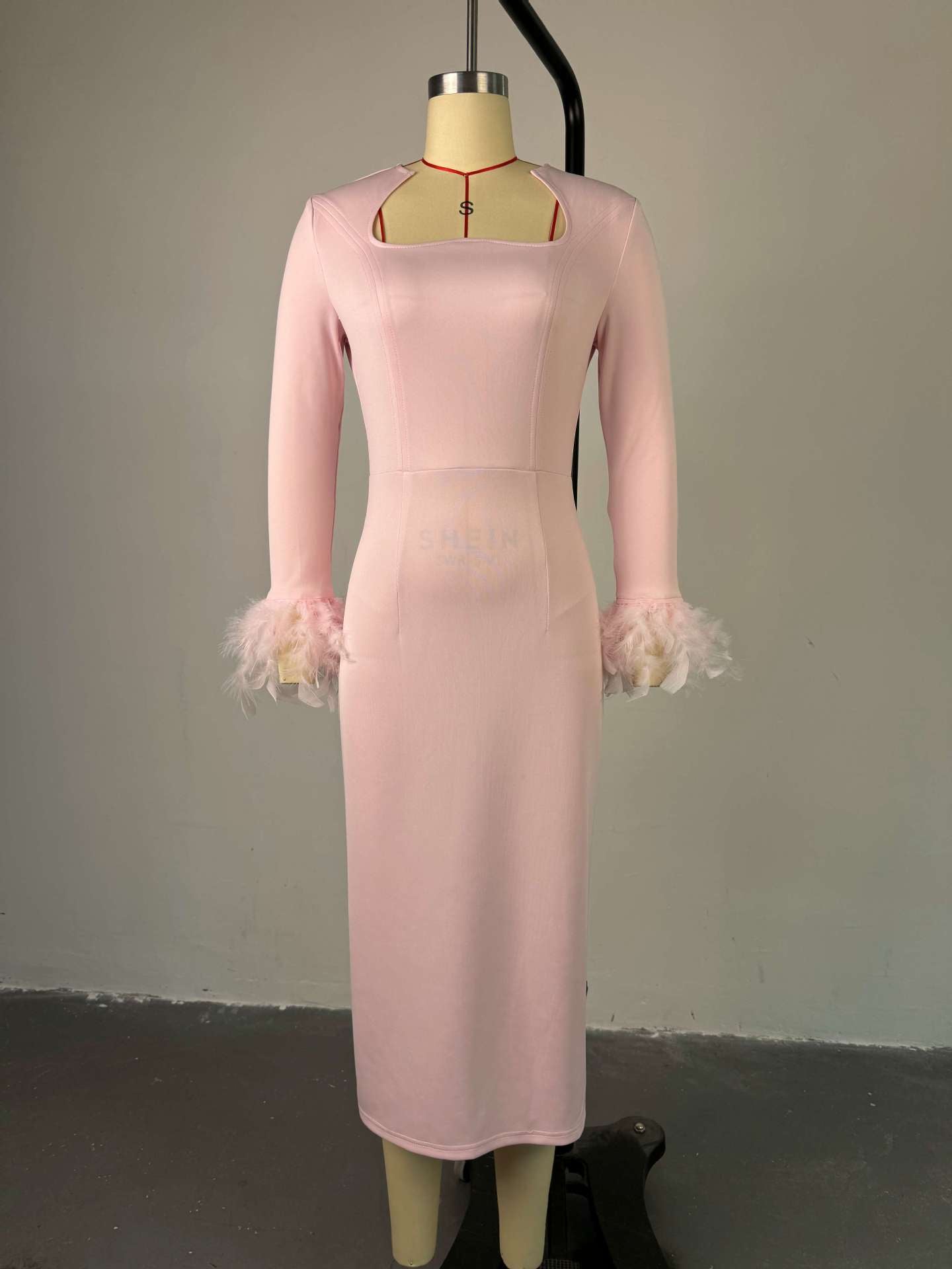 Women's autumn square neck feather long sleeve  high waist Slim midi dress 11