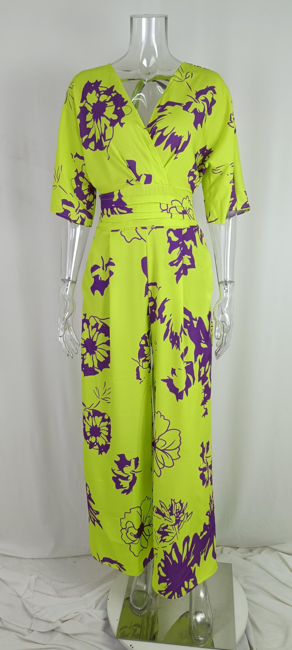 Summer Women's Fashionable And Elegant Print Bat Sleeves Slim Waist V-Neck Jumpsuit 11