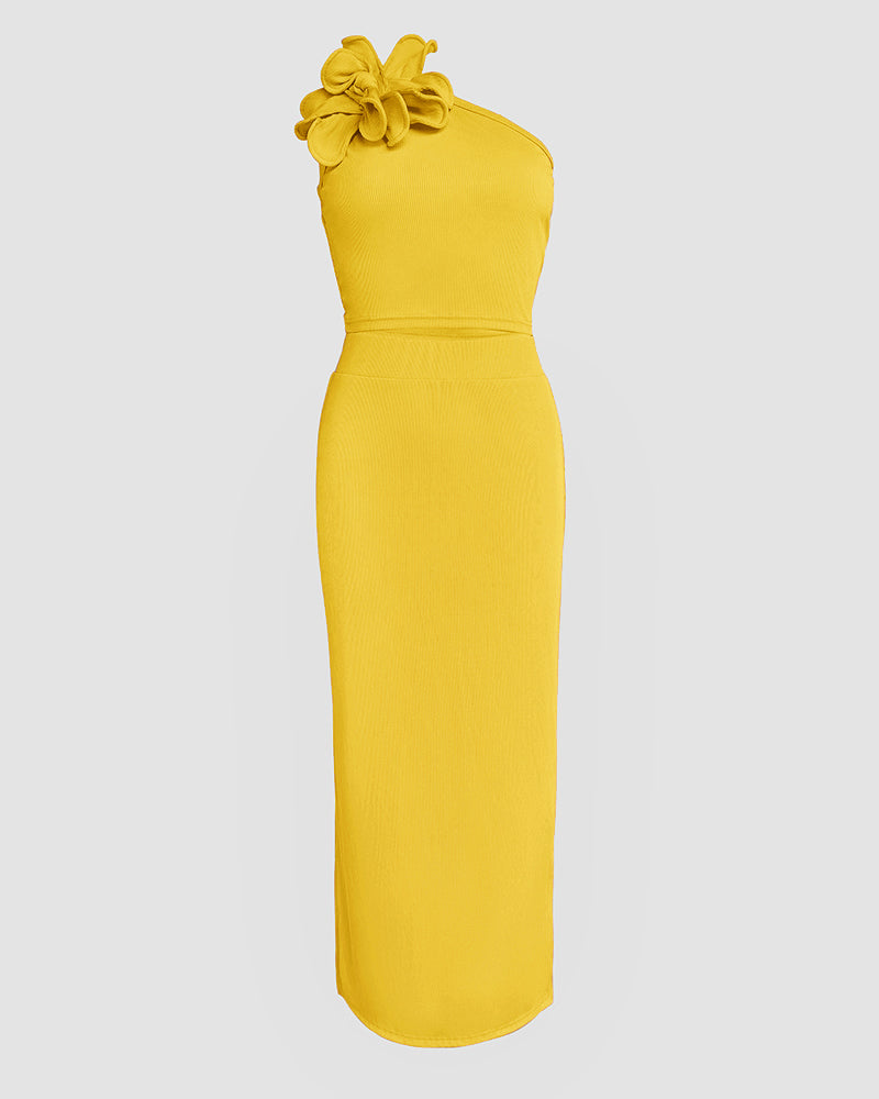 Women Solid Large Flower One-shoulder Top and Skirt Two-piece Set 10