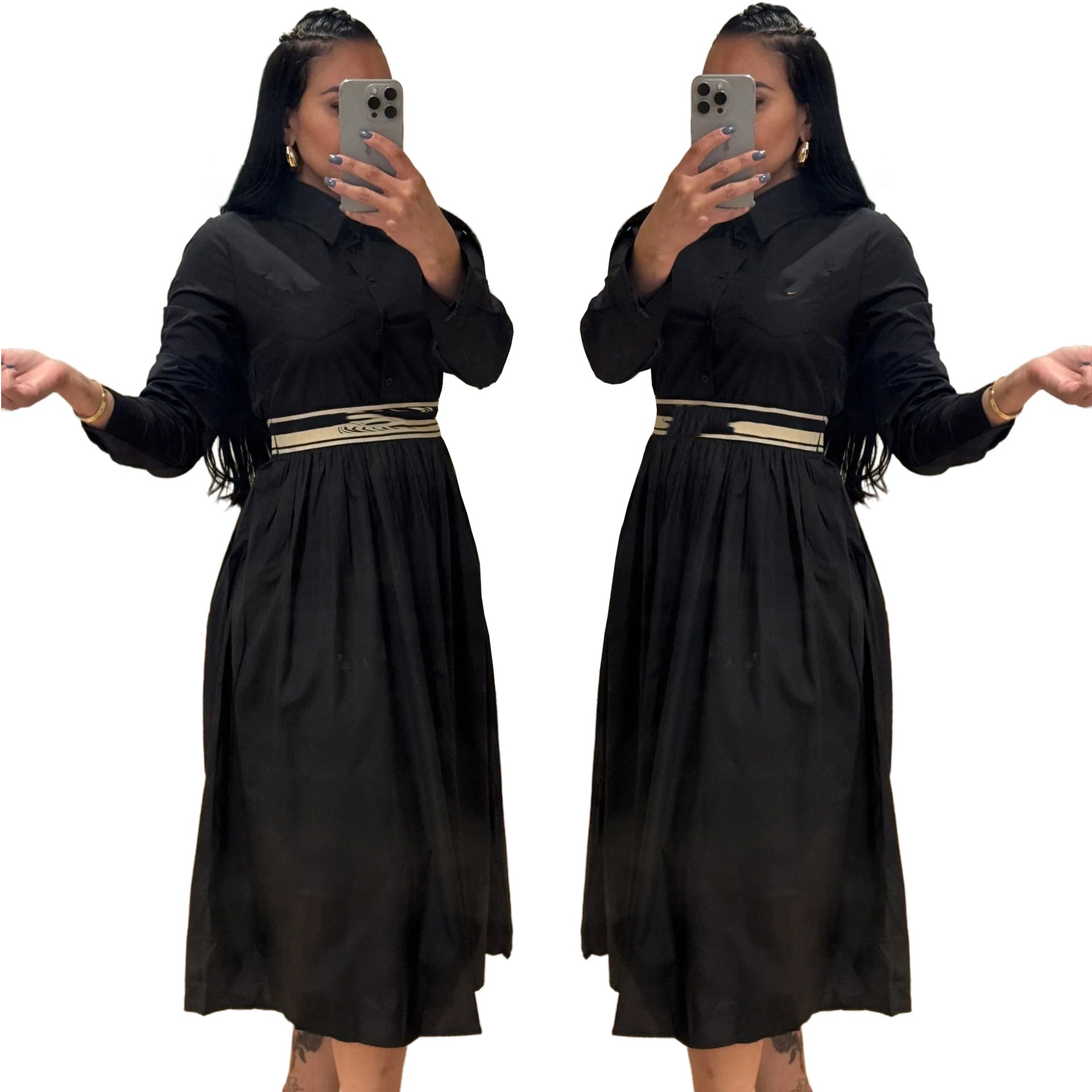 Women Autumn and Winter Elegant Shirt Dress (with Pockets) 3