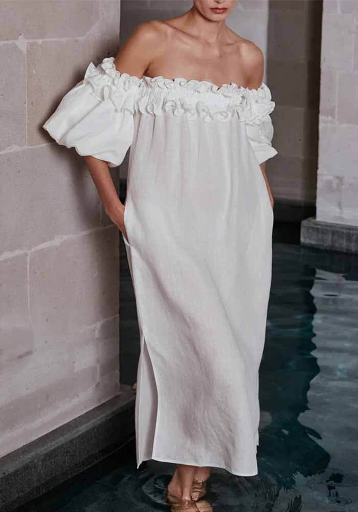 Women Off Shoulder Sexy Puff Sleeves Solid Lace Holidays Beach Dress