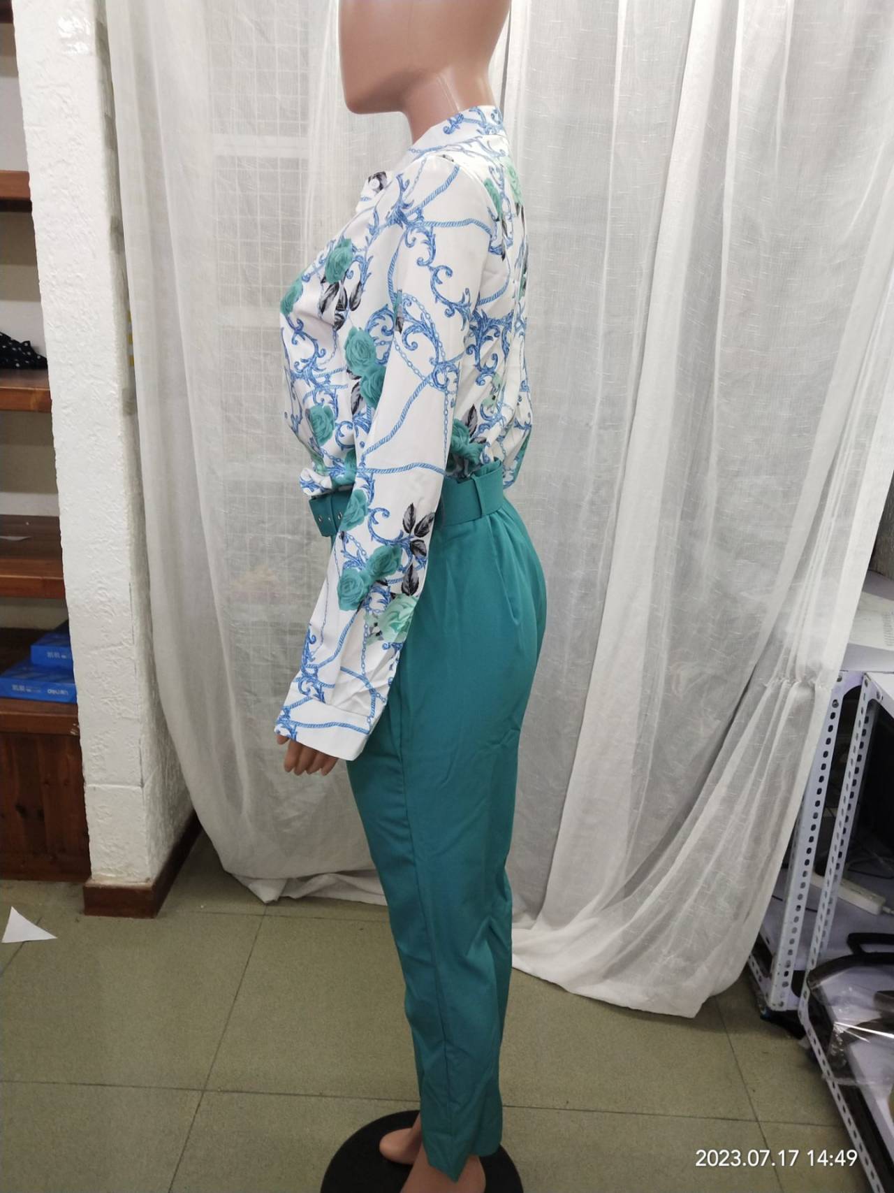 Women Long Sleeve Printed Shirt + Solid Pant Casual Two-Piece Set (No Jacket) 24