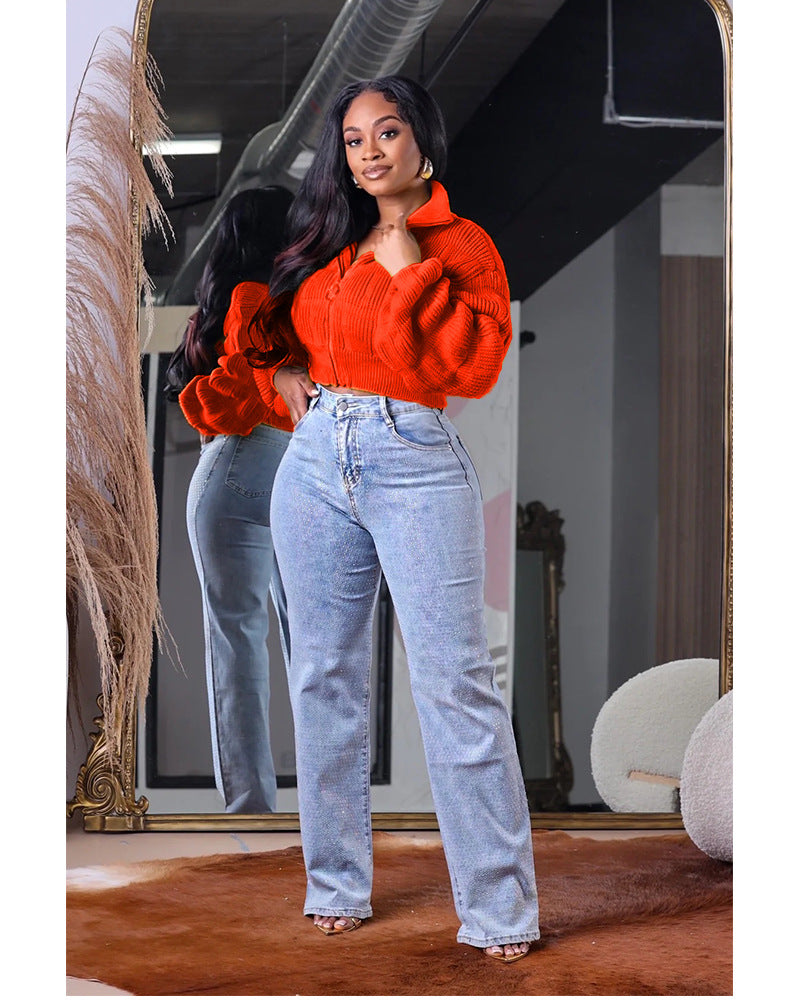 Women loose lantern sleeves Ribbed cuffs zipper sweater 10