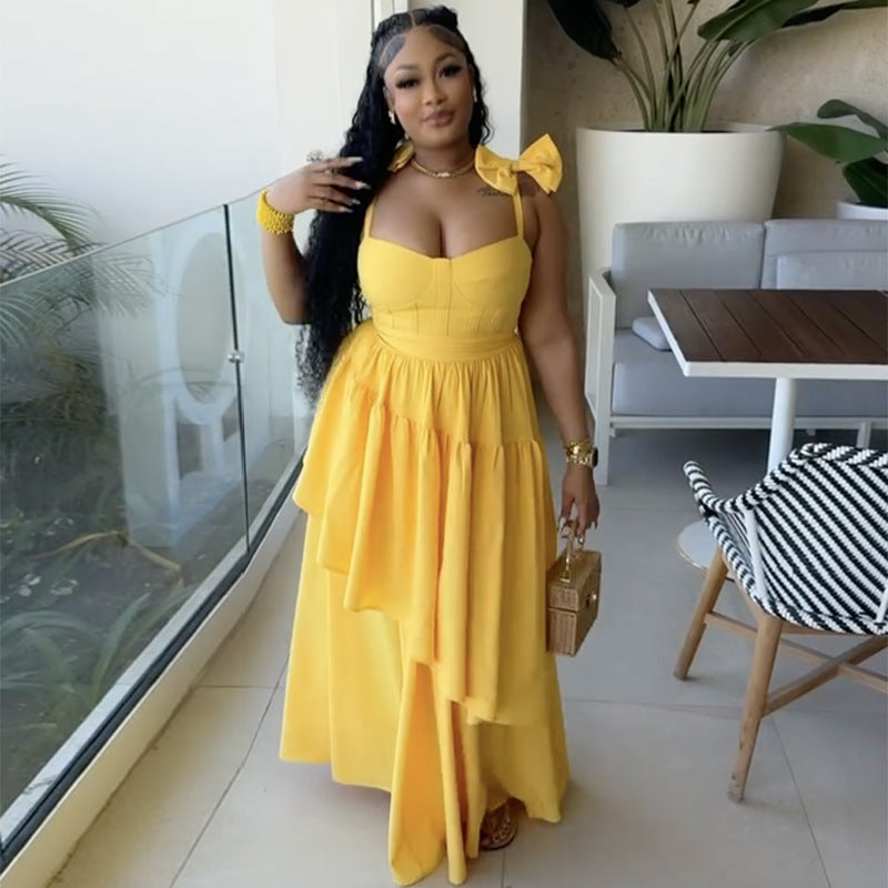 Women spring bow suspender v-neck ruffle dress