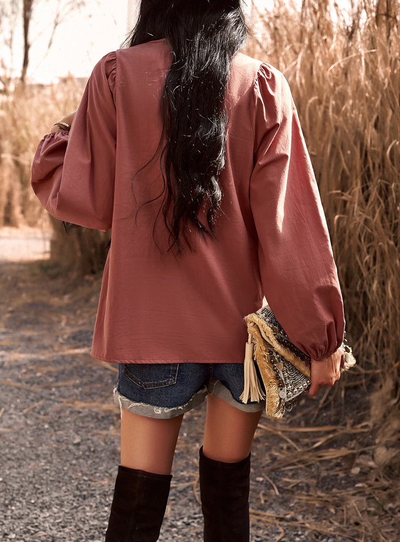 Women Chic Career Solid V Neck Long Sleeve Top 29