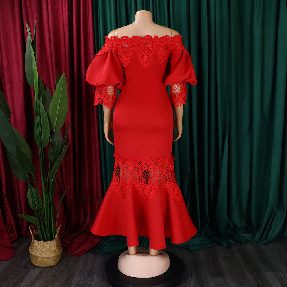 Women Off Shoulder Puff Sleeve Lace Patchwork Formal Party Mermaid Dress 38