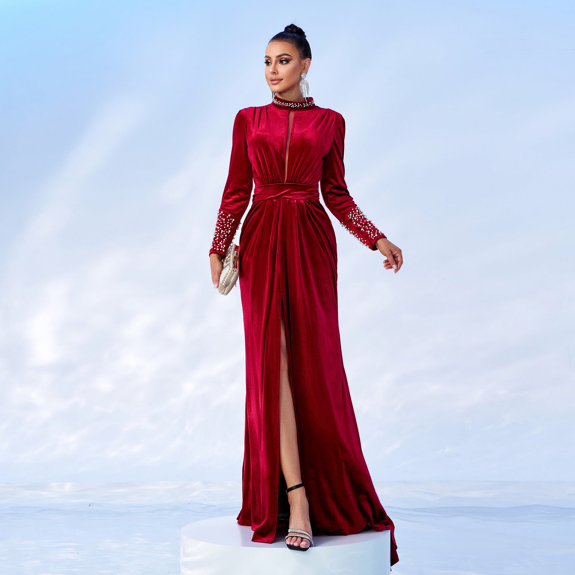 Long Sleeve Round Neck Sexy Velvet Formal Party Evening Gown Long Bridesmaid Dress