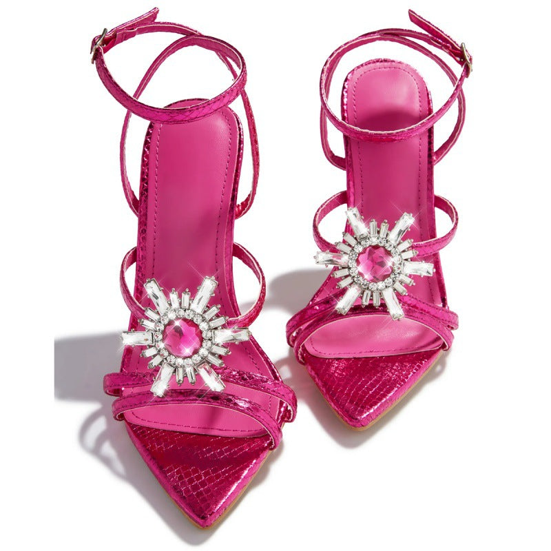 Solid Color Pointed Toe Sun Buckle Rhinestone High Heels Open Toe Sandals Women's Summer High Heels 6