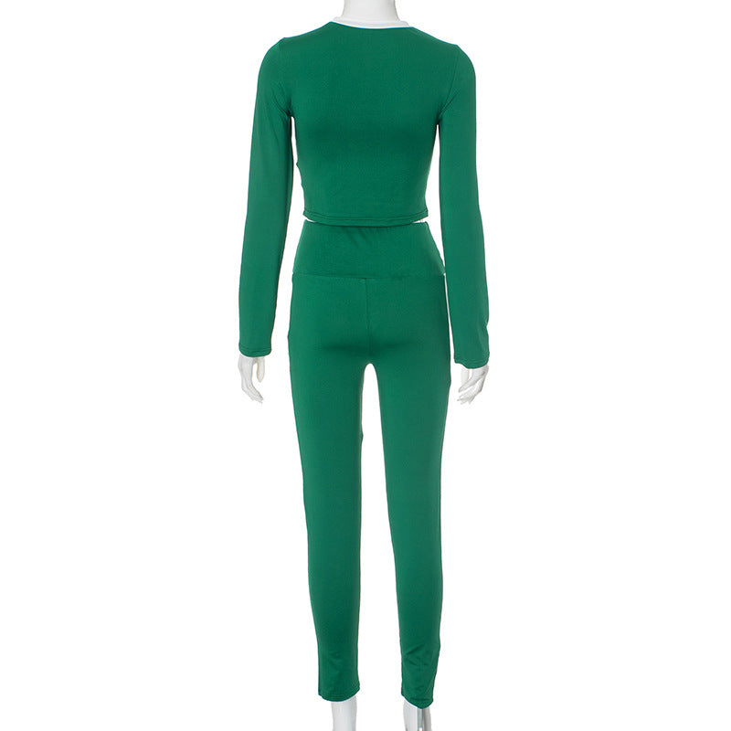 Women contrast long sleeve Crop Top and trousers Casual two-piece set 12