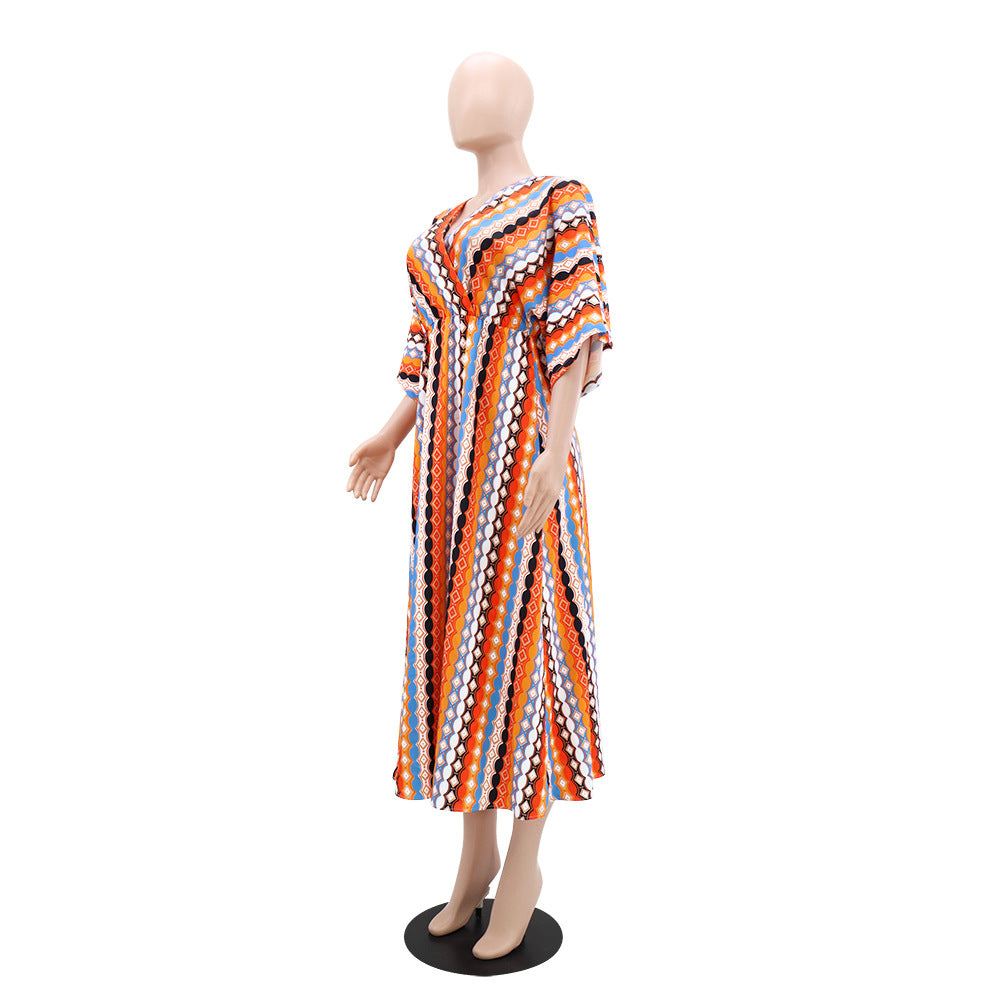 Women's fashion Holidays style striped print v-neck long dress 7