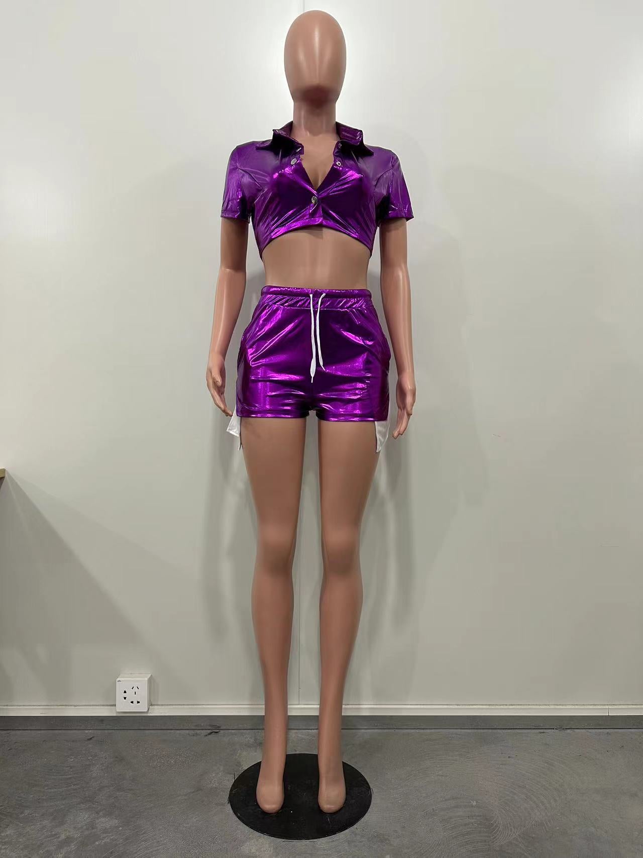 Women's Deep Pocket Slit Pu Leather Short Front Short Back Long Shorts Two-Piece Set 43