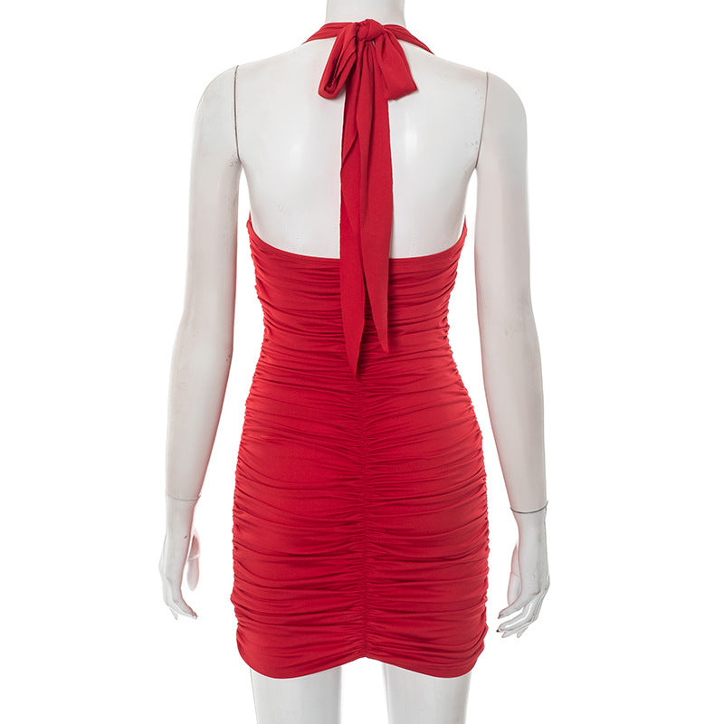 Women’s Heart Print Metal Embellished Halter Neck Low Back Cutout Bodycon Mini Dress 8