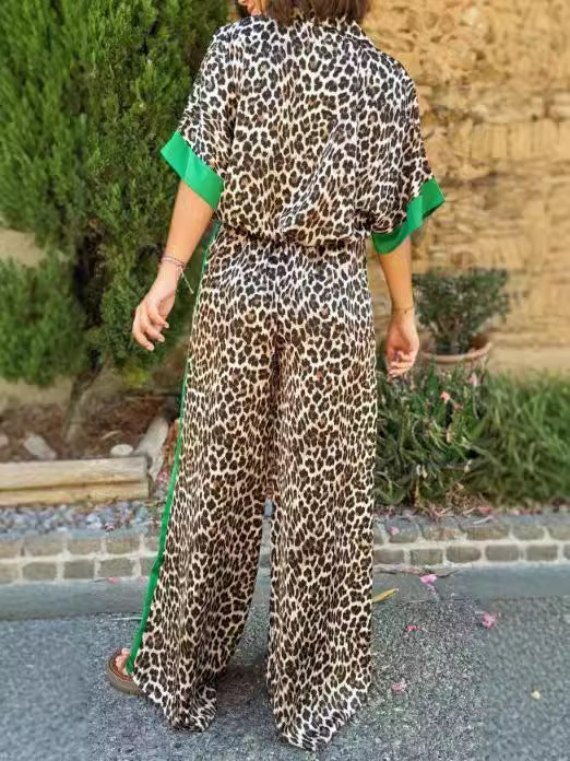 Women's Casual Leopard Print Contrast Short Sleeve Button Top Wide Leg Pants Two Piece Set 7