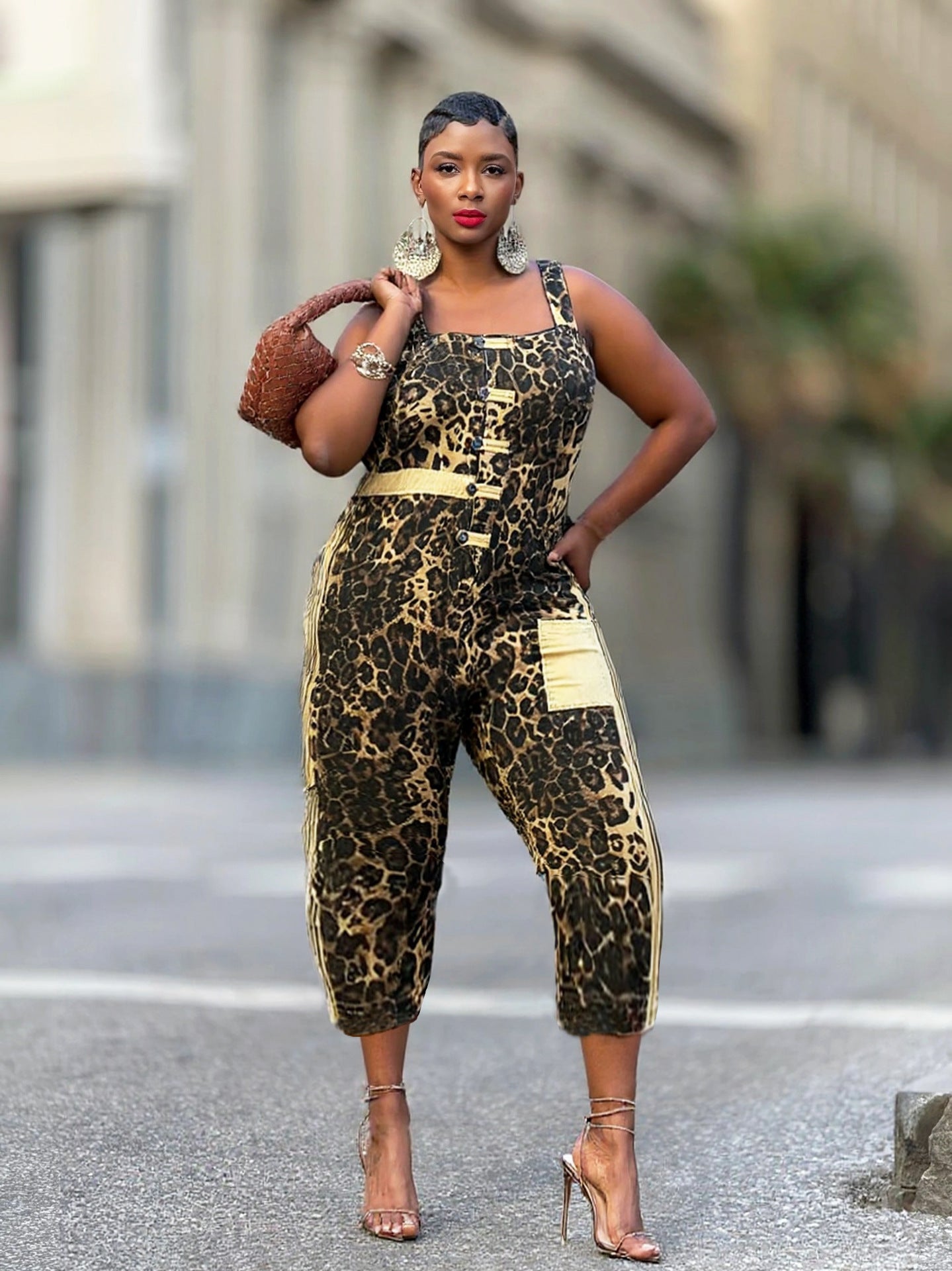 Women Leopard Print Nine-point Denim Suspenders 3