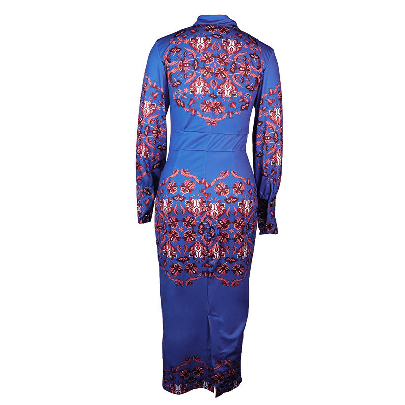 Women Stand Collar Long Sleeve Print Dress 14