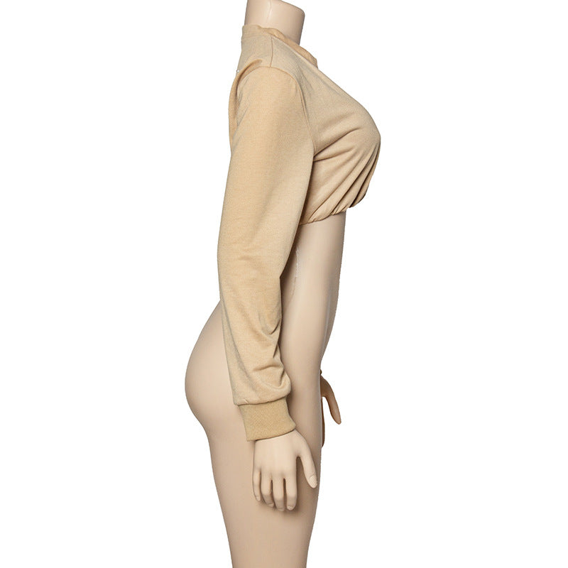 Women Autumn Solid Round Neck Embroidered Letter Long Sleeve Crop Top 12