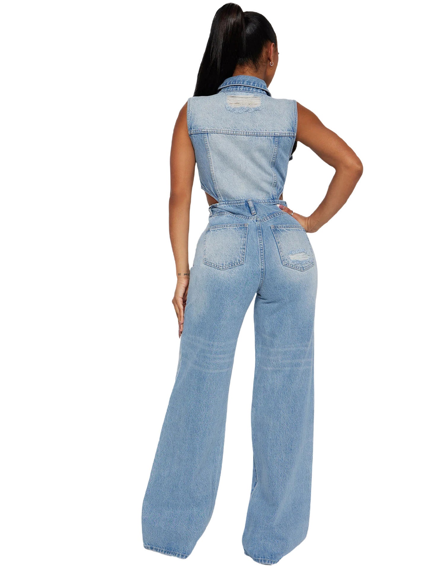 Tight Waist Slim Straight Loose Leg Washed Denim Jumpsuit 4