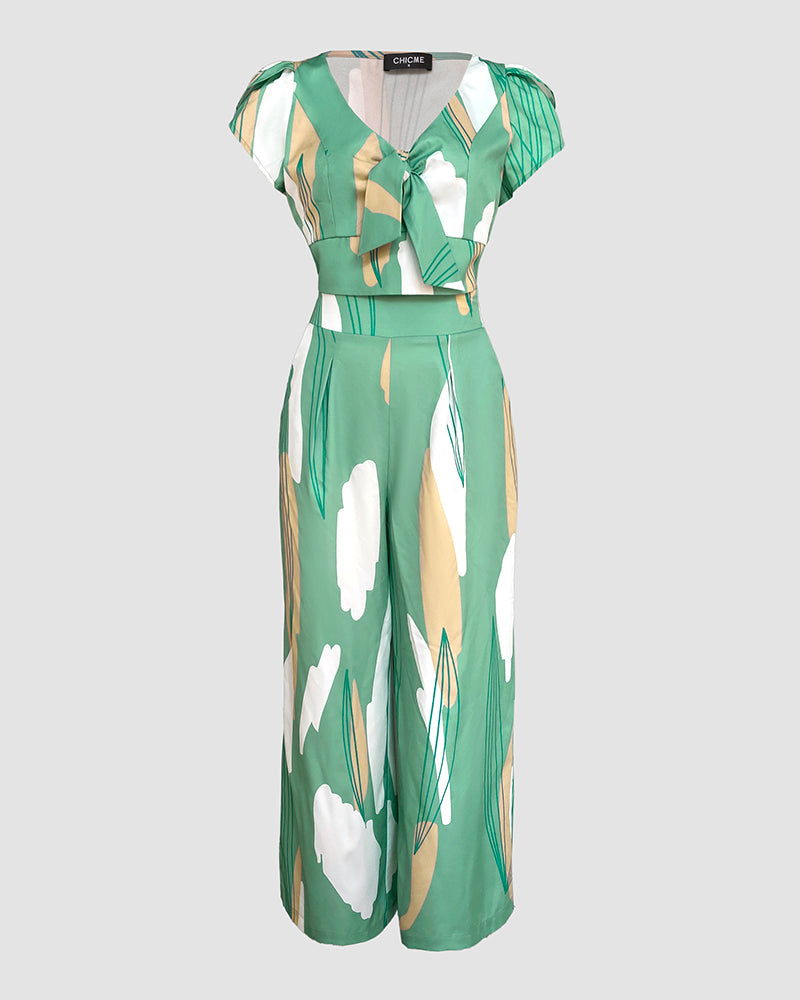 Summer Color Block Printed Short Sleeve Lace-Up Top Wide Leg Pants Two-piece Set 5