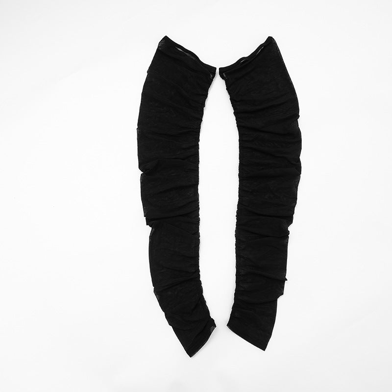 Women Autumn/Winter Cross-Gathered Double-Collared Top and See-Through Mesh Skirt with Three-Piece Knee Pads 26