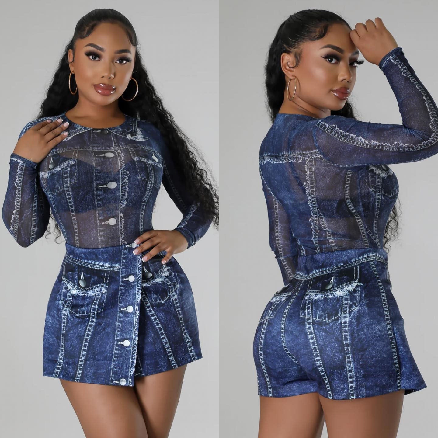 Women Mesh Bodysuit and Print Skirt two-piece set 9