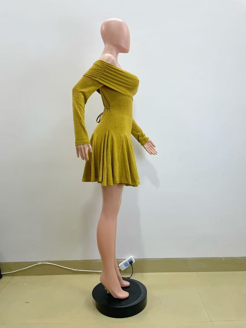 Women Spring Off Shoulder Long Sleeve Sexy Turndown Collar Dress 7