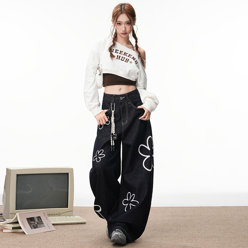 Women American Striped Floral Print Denim Pants 7