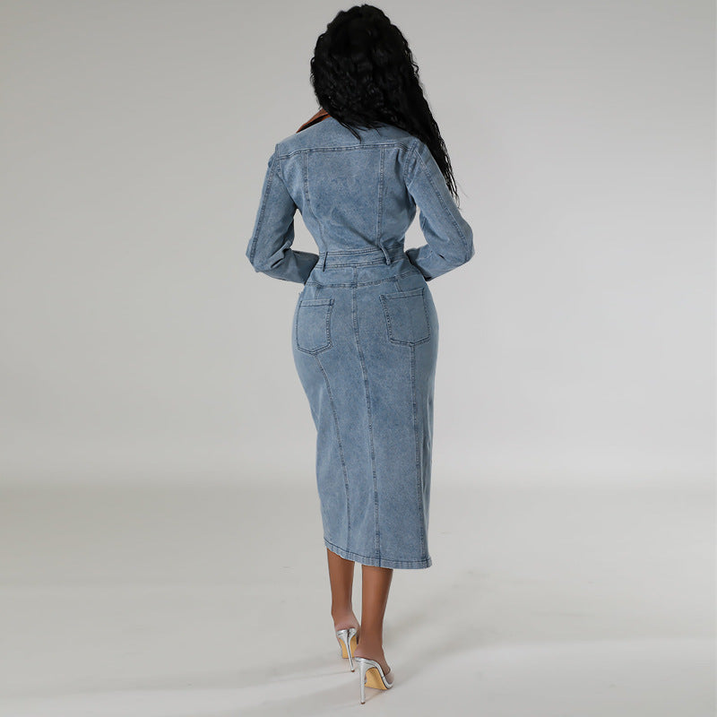 Fashion Women's Clothing Denim Patchwork Long Sleeve Slit Long Dress 4