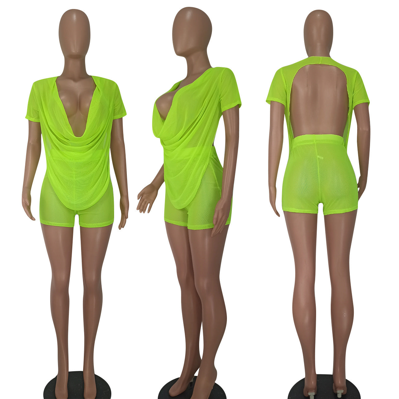 Sexy See-Through Low Back Mesh Two-Piece Shorts Set for Women 7