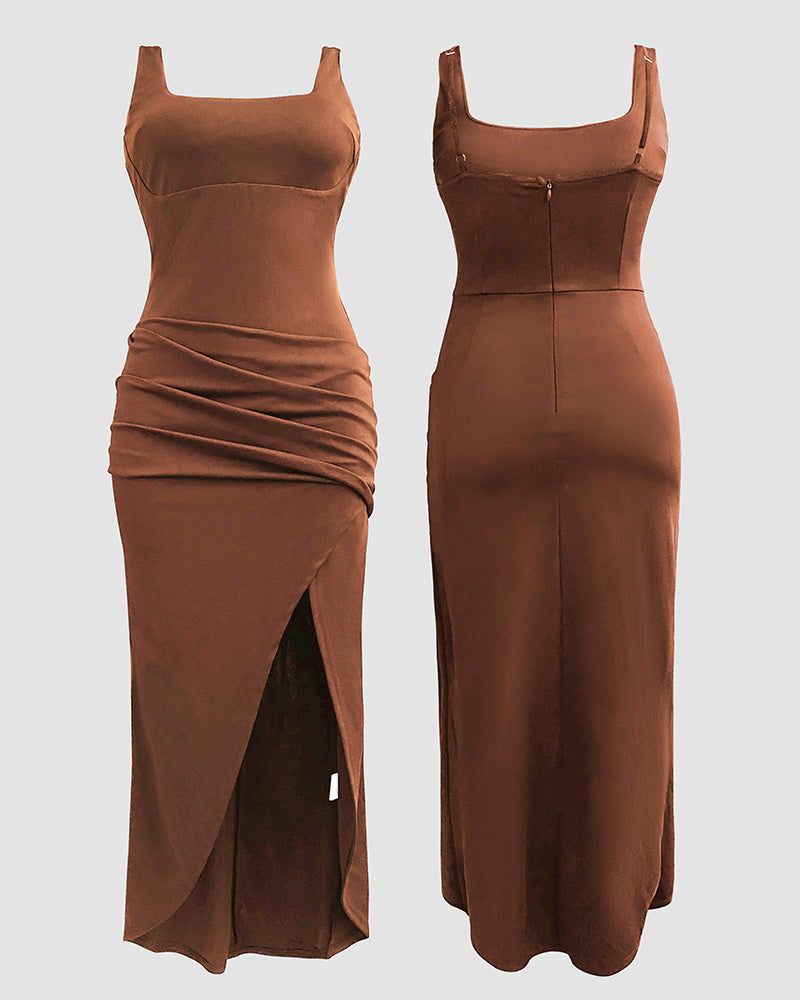 Women Sexy Square Neck Backless Slit Dress 5