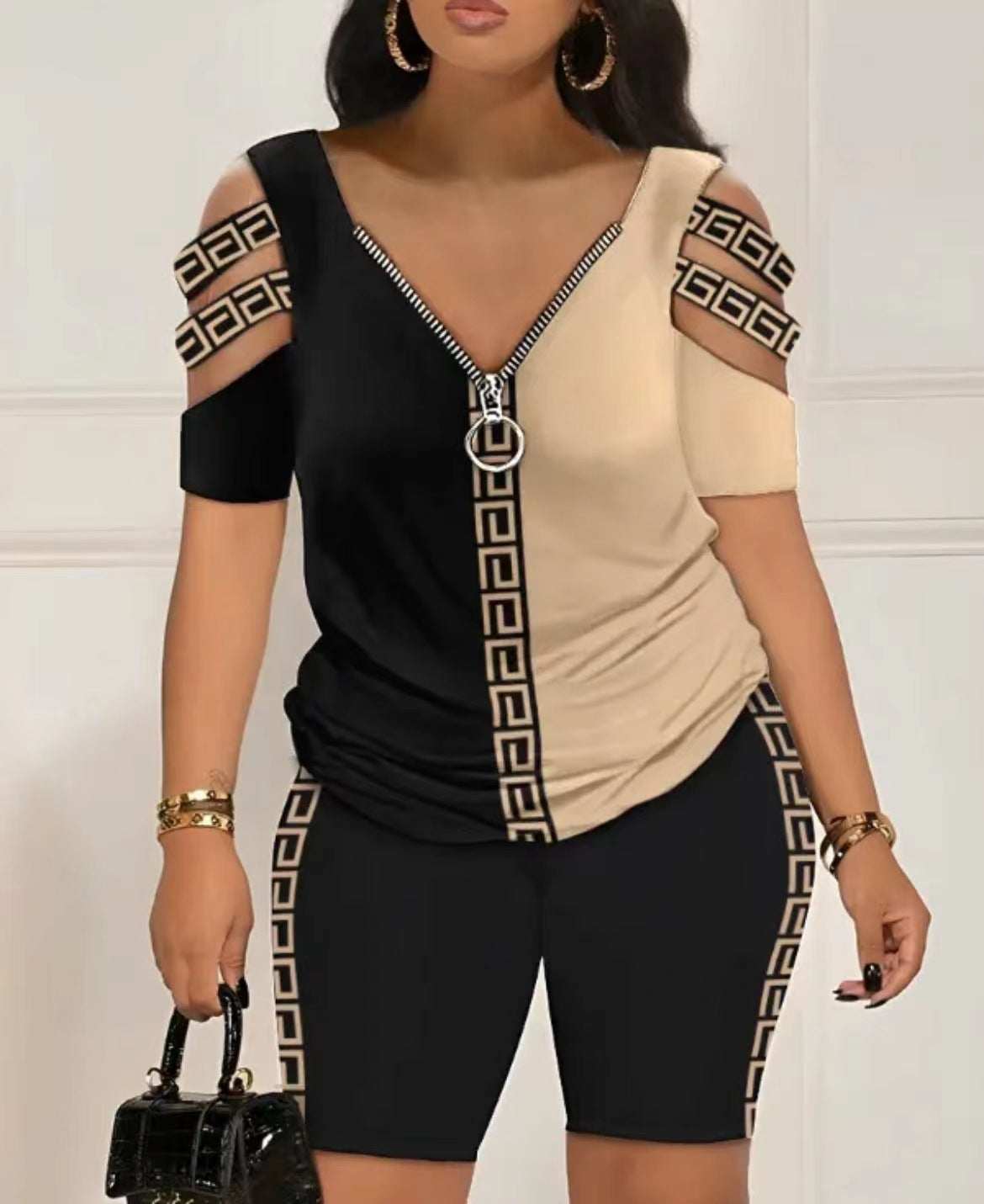 Women Contrasting Color Bandage Print Short Sleeve Top and Shorts Two-Piece Set 8