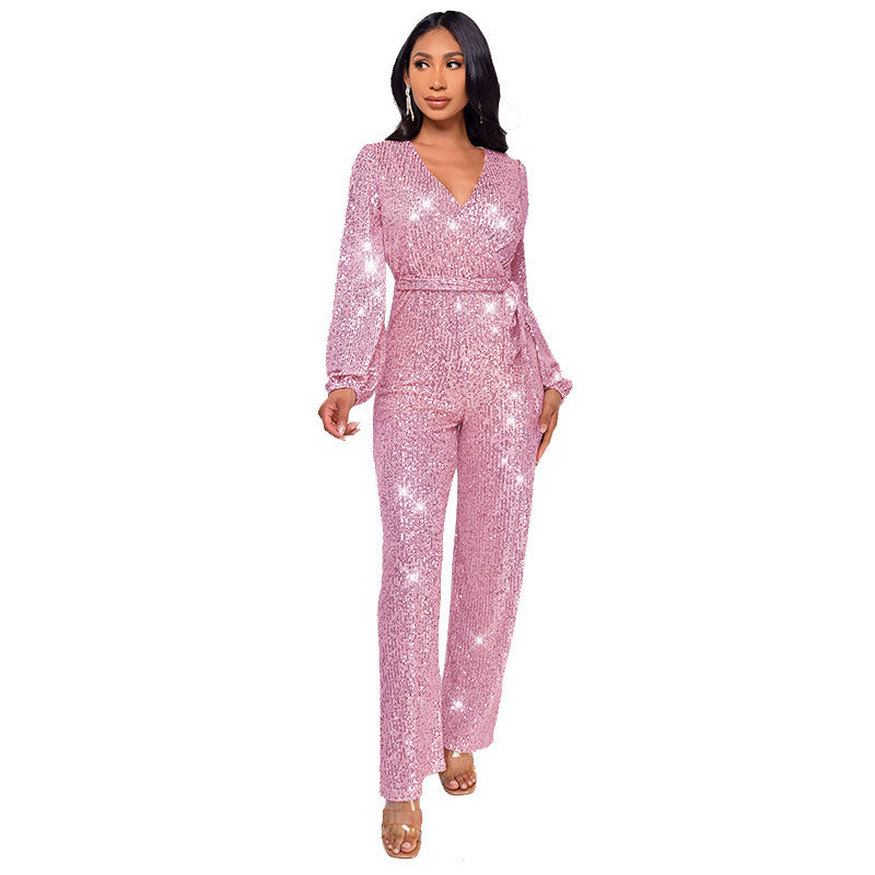 Fashion Casual Long Sleeve Belt Sequin Jumpsuit Women's Clothing 36