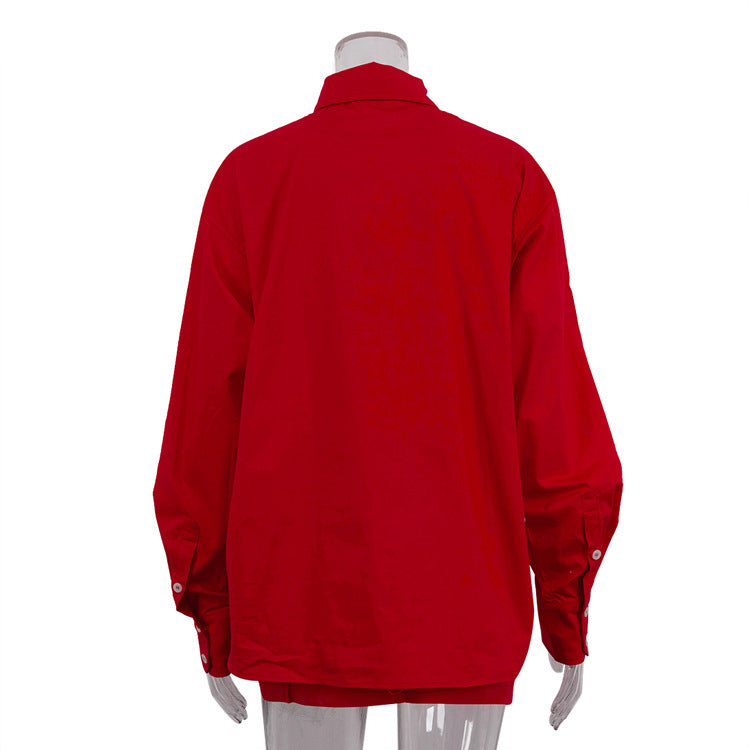 Women Turndown Collar Long Sleeve Tie Shirt Slit Knot Skirt Two-Piece Set 8