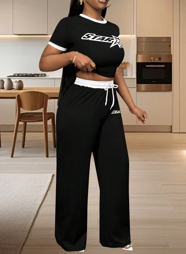 Sexy Color Matching Round Neck Short Sleeve T-Shirt High Waist Drawstring Trousers Two-Piece Set