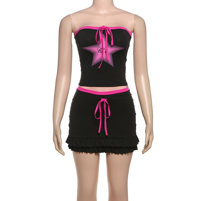 Women's Sexy Contrast Color Star Print Lace-Up Strapless Vest Mini Skirt Set 6