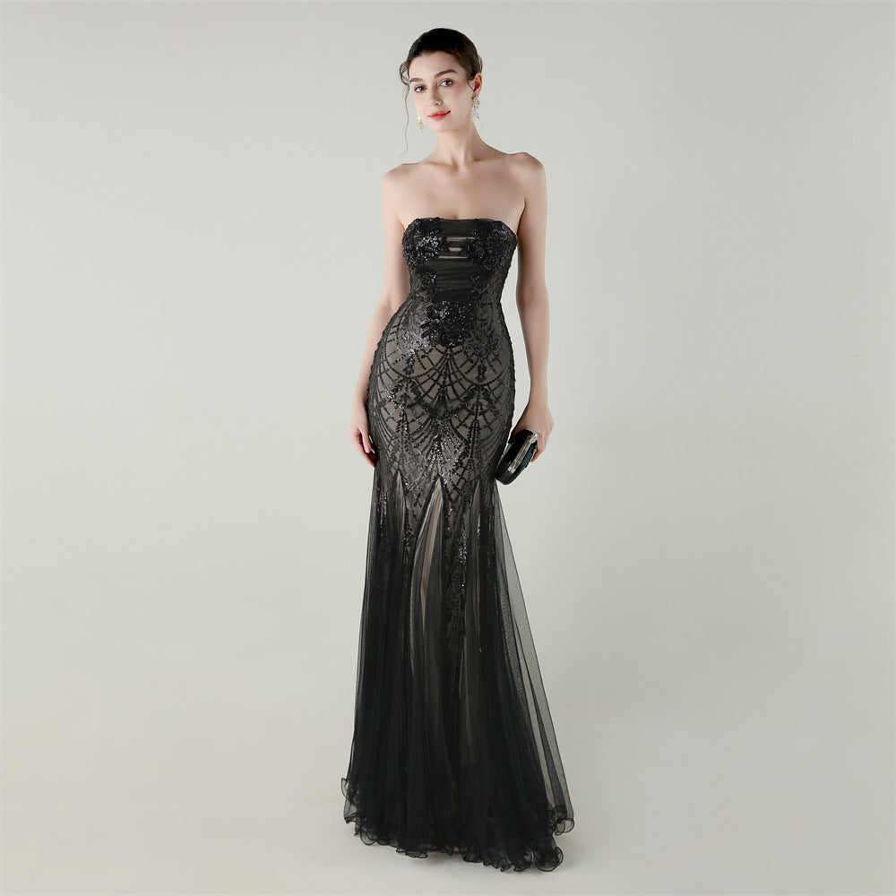 Women Strapless cross Lace-Up sequined tube flower sequined mesh evening dress Formal Party evening dress 13