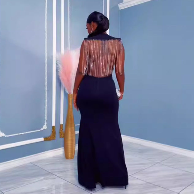 Round Neck Back Hollow Diamond Tassels Evening Dress 5