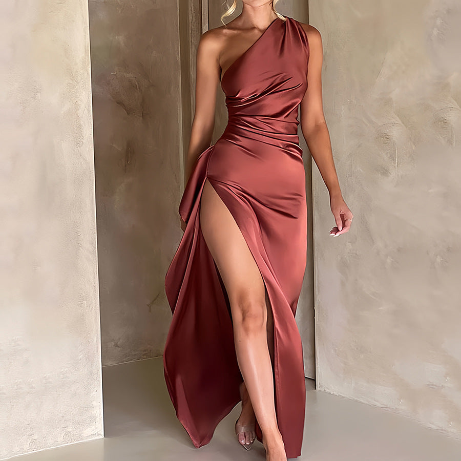 Women summer one-shoulder pleated slit sexy solid dress 6