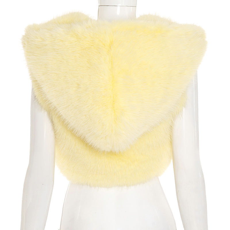 Women's Autumn Winter Solid Color Fur Zipper Hooded Sleeveless Cropped Top 9