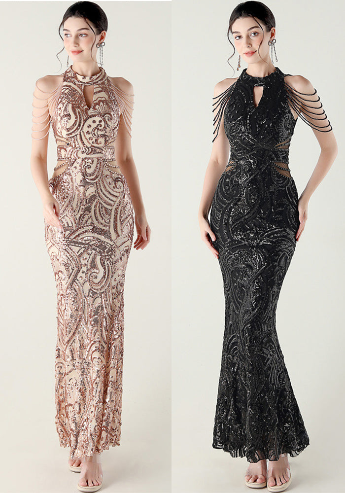 Women beaded chain shoulder sequin halter neck formal party evening dress