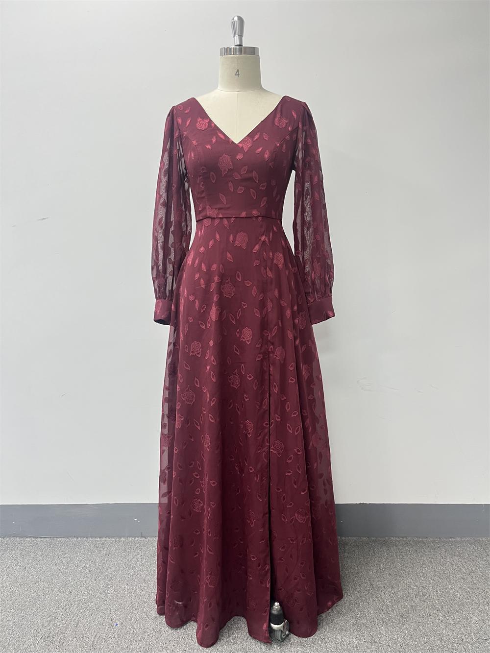 Autumn Long-Sleeve Double V-Neck High-Slit Lace Formal Dress with Full Lining 9