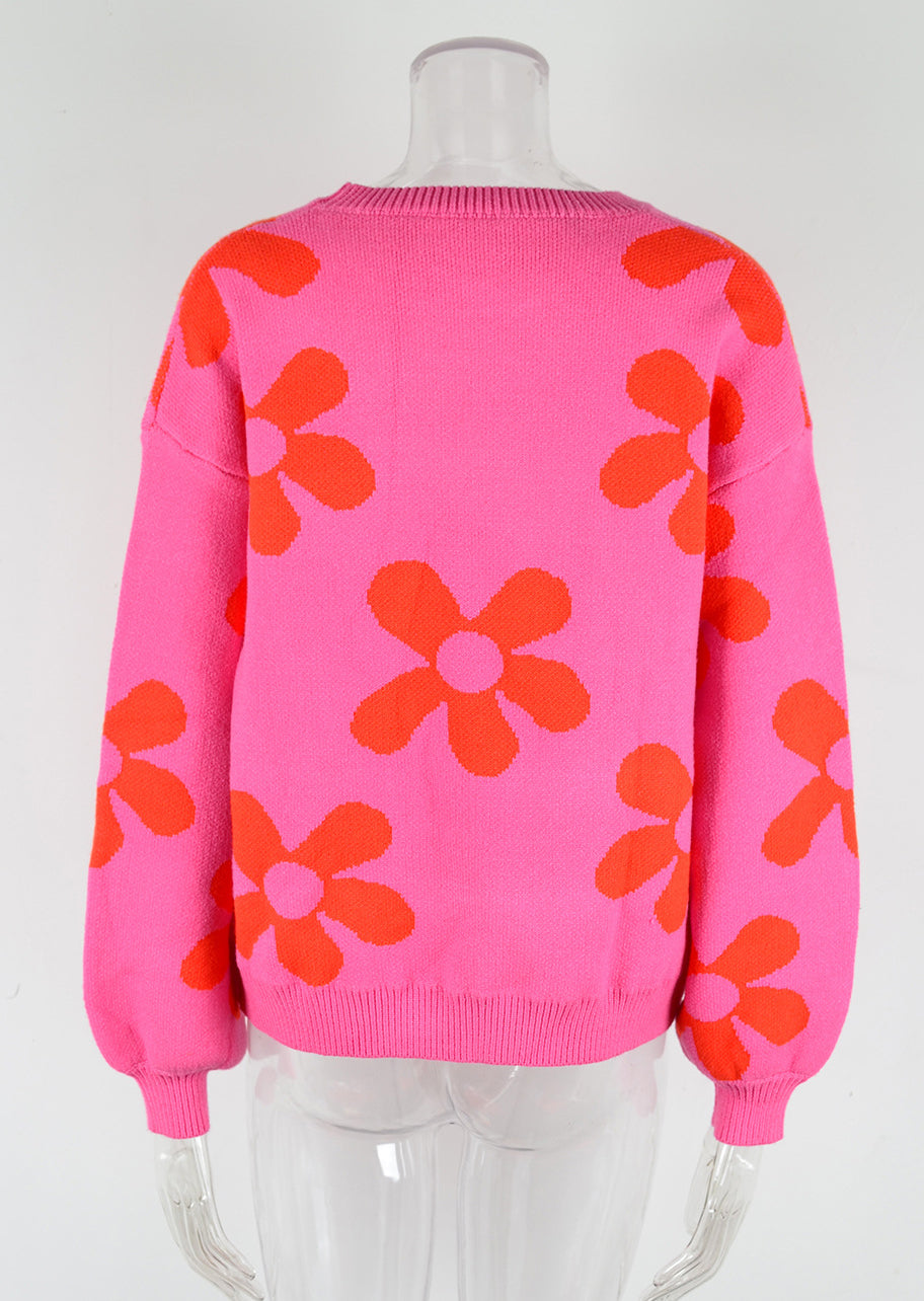 Autumn and winter women's printed sweater pullover flower plus size sweater 36