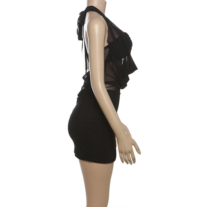 Women Spring Sexy Halter Neck Lace-Up Backless Mesh Bodycon Dress 7