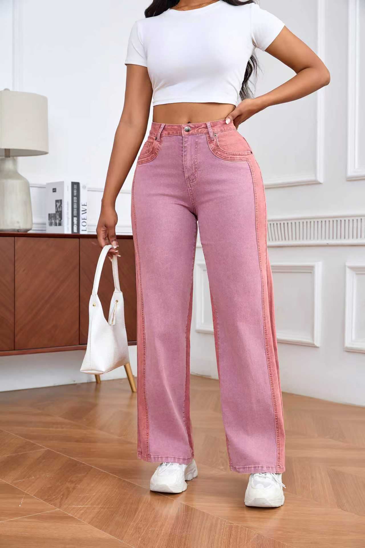 Women Patchwork Wide-Leg Denim Pants, Fall American Style Contrast Color Pants 3