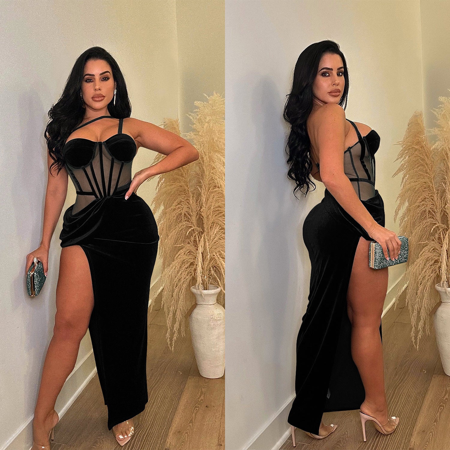 Fashion Women's Solid Color Mesh Straps Slit Long Dress 6