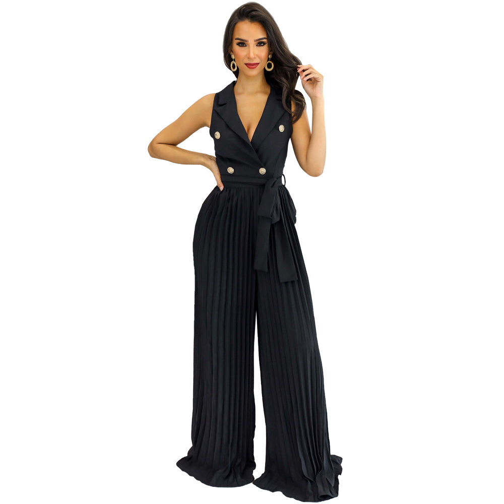 Women Spring V-neck Sleeveless Backless Pleated Wide Leg Jumpsuit 10