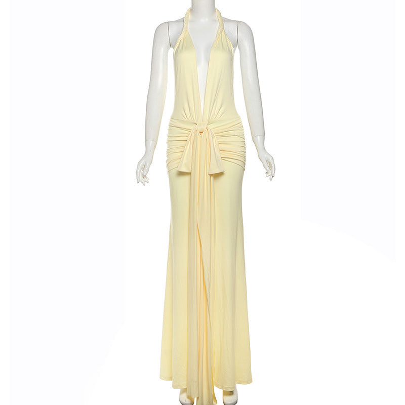 Women Sexy Backless Halter Neck V-neck Solid Slit Dress 10