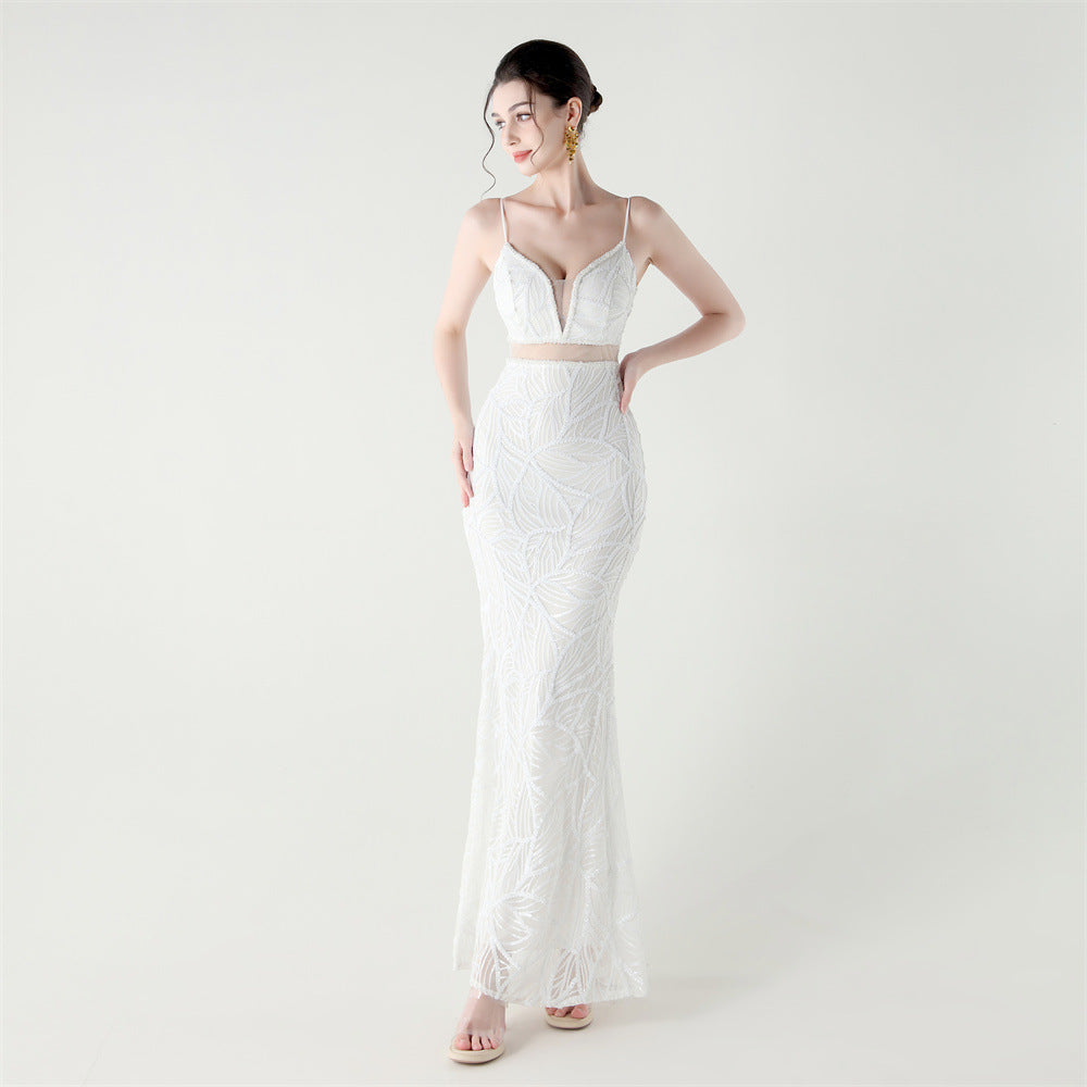 Women See-Through Mesh back cross Lace-Up fishtail sequined evening dress 23