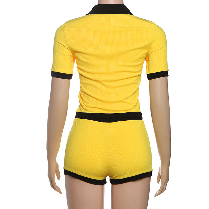 Summer Women's Short-Sleeve Turndown Collar Top with Bodycon Shorts Set 30