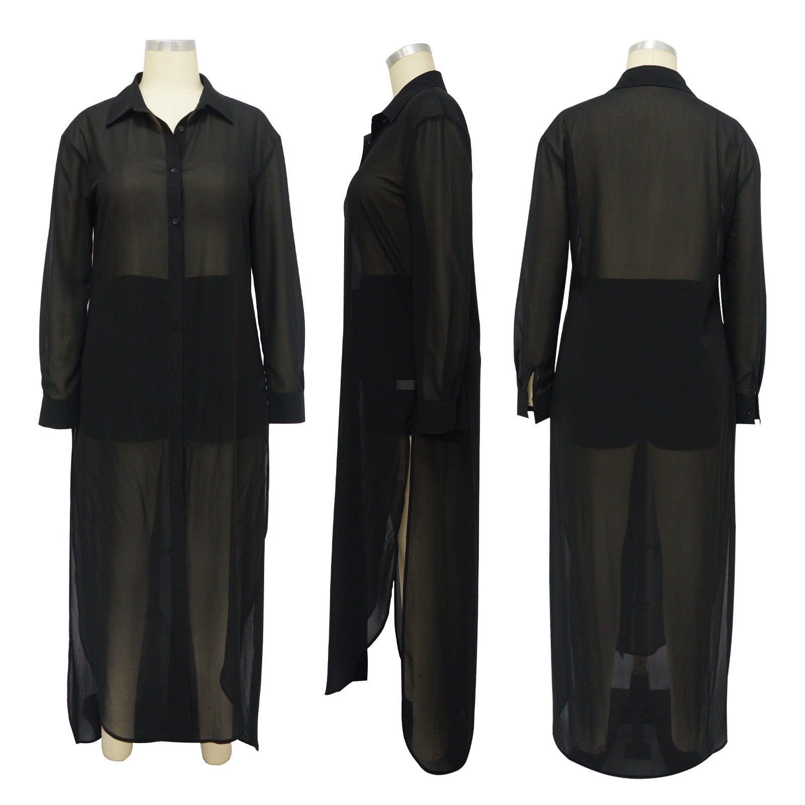 Women See-Through Solidchiffon Long Shirt and Shorts Two-Piece Set 23