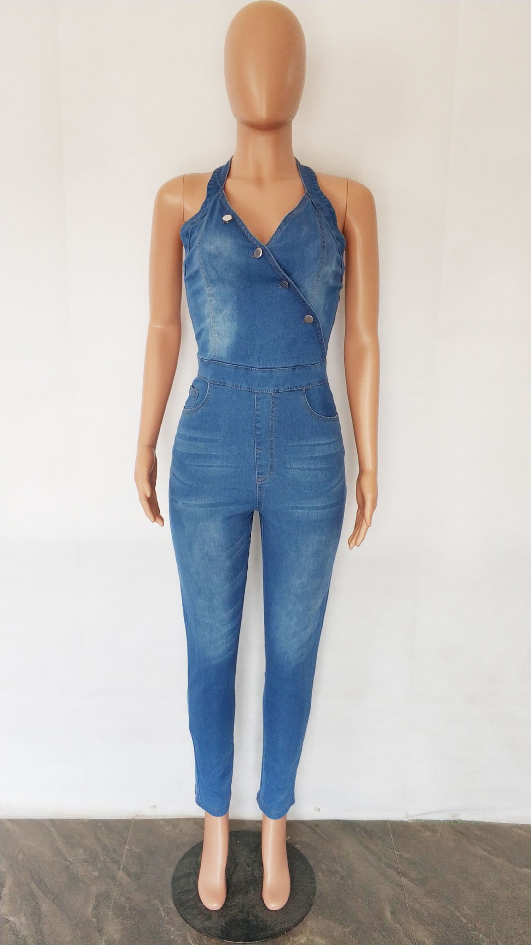 Women Slim Sleeveless Halter Neck Denim Jumpsuit 9